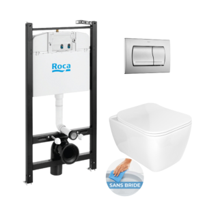 Roca Pack Bâti-support ROCA ACTIVE + WC sans bride Idevit Havana + abattant ultra fin + plaque chrome mat (RocaActiveHavana-2)